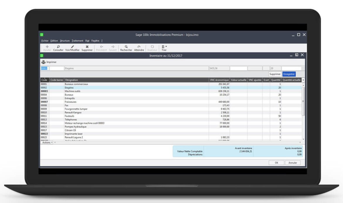 Interface du logiciel Sage 100 Immobilisations